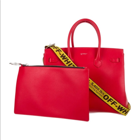 Red crosshatch leather Off-White tote with pouch - Picture 2 of 16